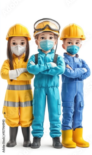 Children wearing PPE clothes, 3D illustration, isolated on white background