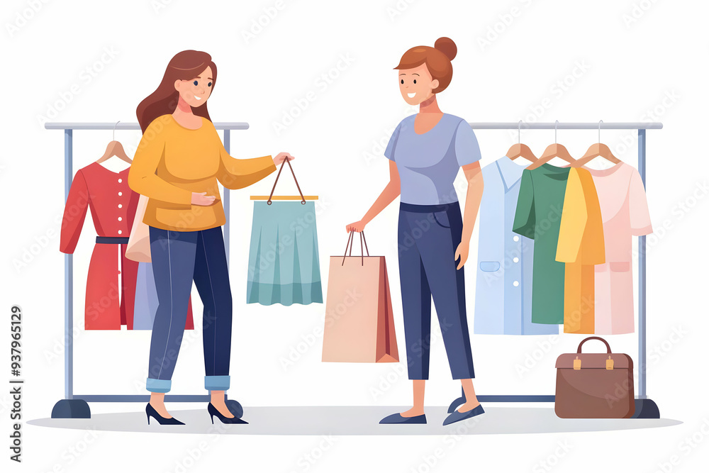Flat Shopper Helping Friend Choose Clothes concept as Candid shot of a shopper helping a friend choose clothes in a store during Black Friday capturing the social and supportive aspect of shopping wit Flat Shopper Helping Friend Choose Clothes concept as Candid shot of a shopper helping a friend choose clothes in a store during Black Friday capturing the social and supportive aspect of shopping wit