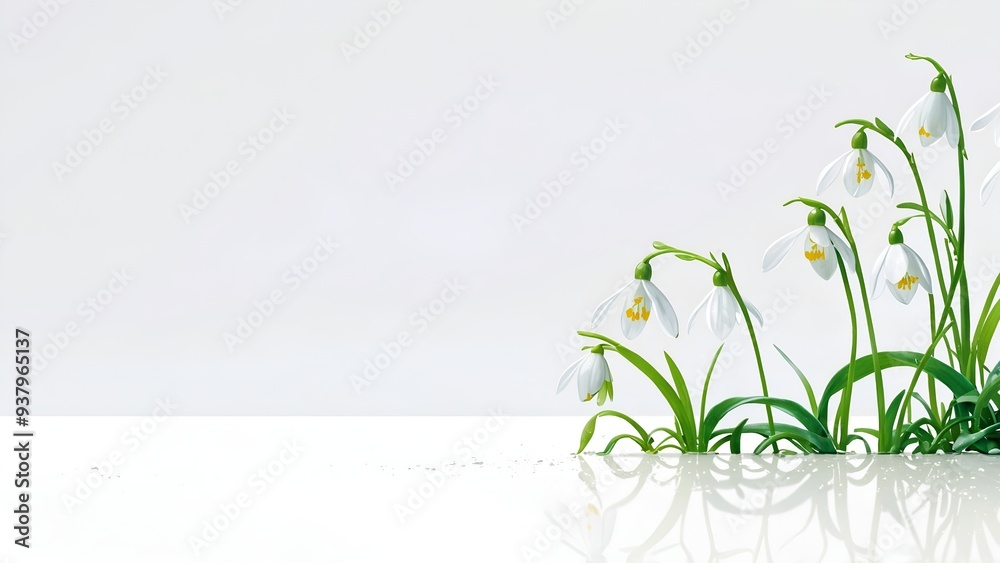 Serenity in Simplicity: Snowdrops in Minimalistic Bloom Against a White Canvas