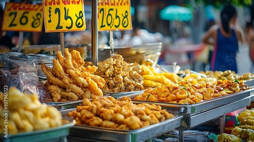 Busy outdoor Thai market with fried food on display and colorful yellow price signs