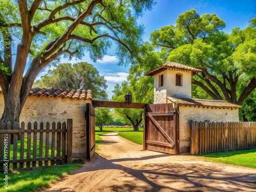 Historic adobe walls and rustic wooden gates of 19th-century Sutter's Fort State Historic Park surrounded by lush greenery and majestic trees in Sacramento, California. photo