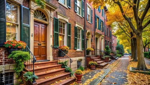 Historic brick row house with charming wooden shutters and ornate stoop in a picturesque Philadelphia neighborhood lined with lush greenery and autumn foliage.