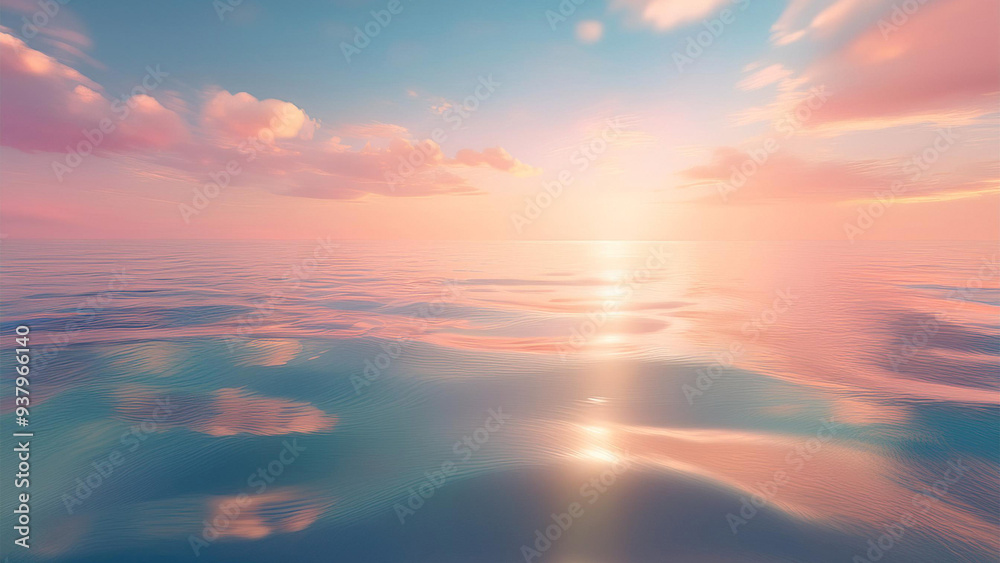 Fototapeta premium Mar calmo ao pôr do sol, tons pastel suaves, reflexos de luz, atmosfera serena. 