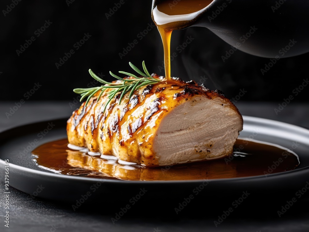 Succulent roasted chicken breast with rich sauce and fresh herb garnish, served on a sleek plate for a gourmet presentation.