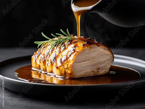 Succulent roasted chicken breast with rich sauce and fresh herb garnish, served on a sleek plate for a gourmet presentation.