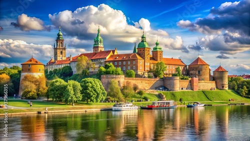 Historic Kraków's majestic Wawel Castle overlooks the Vistula River, its stunning Gothic architecture and picturesque surroundings evoking medieval Poland's rich cultural heritage.