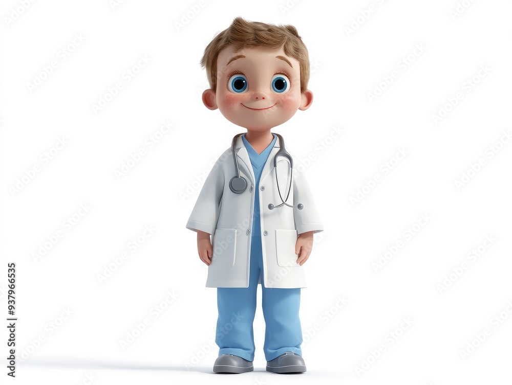 The child wears a nursing, doctor uniform, 3D illustration, isolated on white background The child wears a nursing, doctor uniform, 3D illustration, isolated on white background