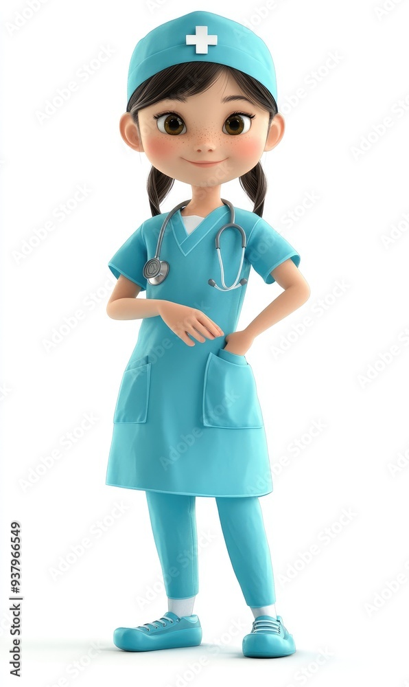 The child wears a nursing, doctor uniform, 3D illustration, isolated on white background The child wears a nursing, doctor uniform, 3D illustration, isolated on white background