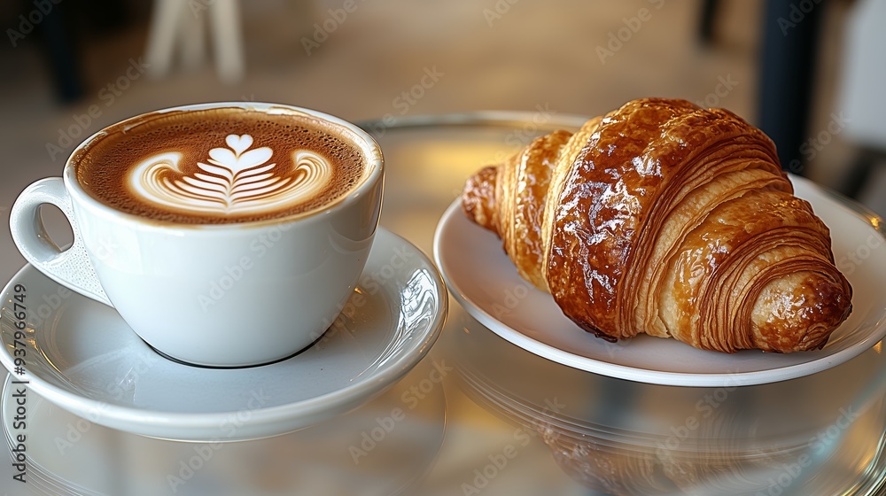 Freshly baked croissant and latte art coffee served on table Freshly baked croissant and latte art coffee served on table