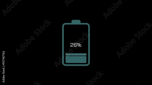 battery charging from 0 to 100 percent, animation video isolated on alpha channel background.