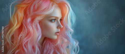 Modern beauty: girl with pastel rainbow hair, close-up. Background for beauty salon