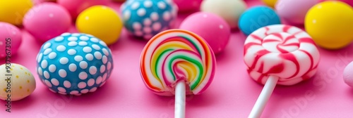 A variety of colorful candies on a pink background, featuring lollipops and round chocolates. photo