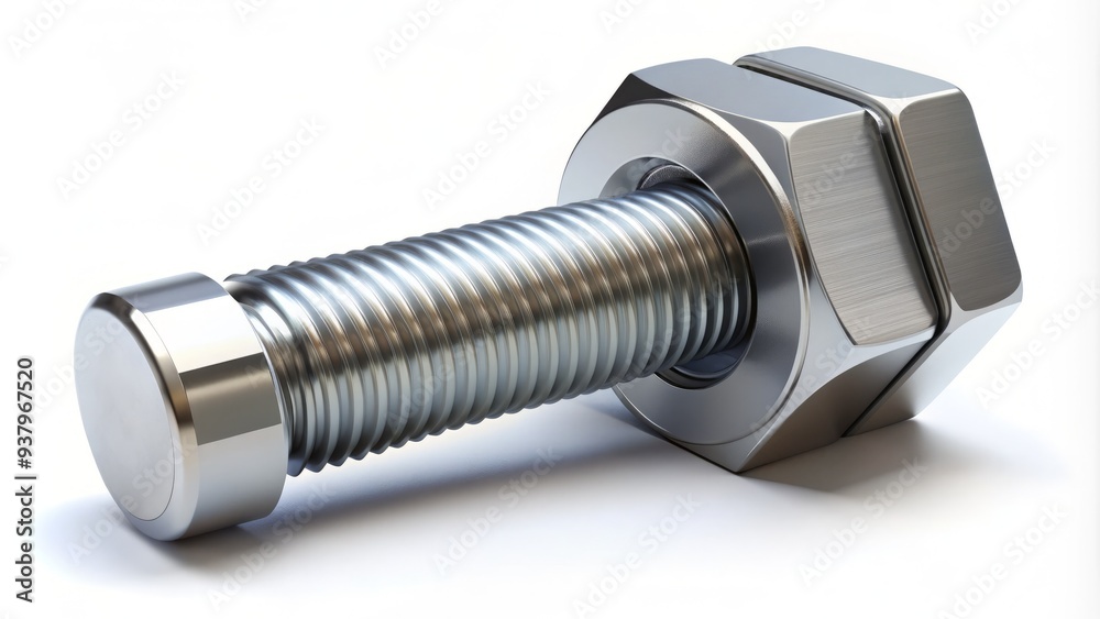 Illustration of a single bolt and nut isolated on a white background, 3D rendered in a metallic gray and silver color scheme, highly detailed. Illustration of a single bolt and nut isolated on a white background, 3D rendered in a metallic gray and silver color scheme, highly detailed.
