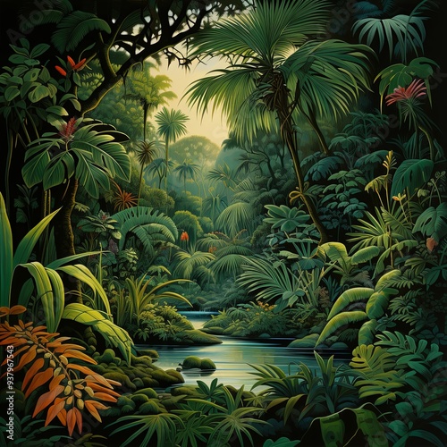 Fototapeta Naklejka Na Ścianę i Meble -  Lush green jungle foliage with a river running through it and sunlight filtering through the trees