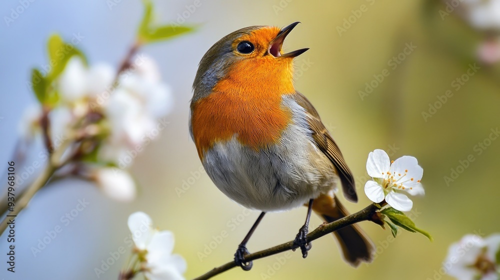 Fototapeta premium A close-up of a bird perched on a blooming branch, singing to welcome the arrival of spring