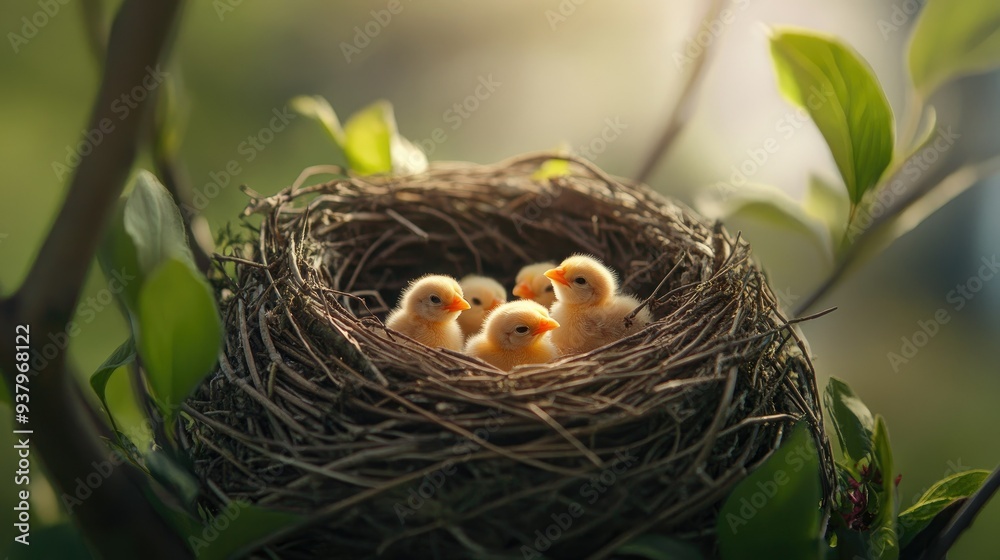 A close-up of a bird nest with newly hatched chicks, symbolizing new beginnings in the spring season