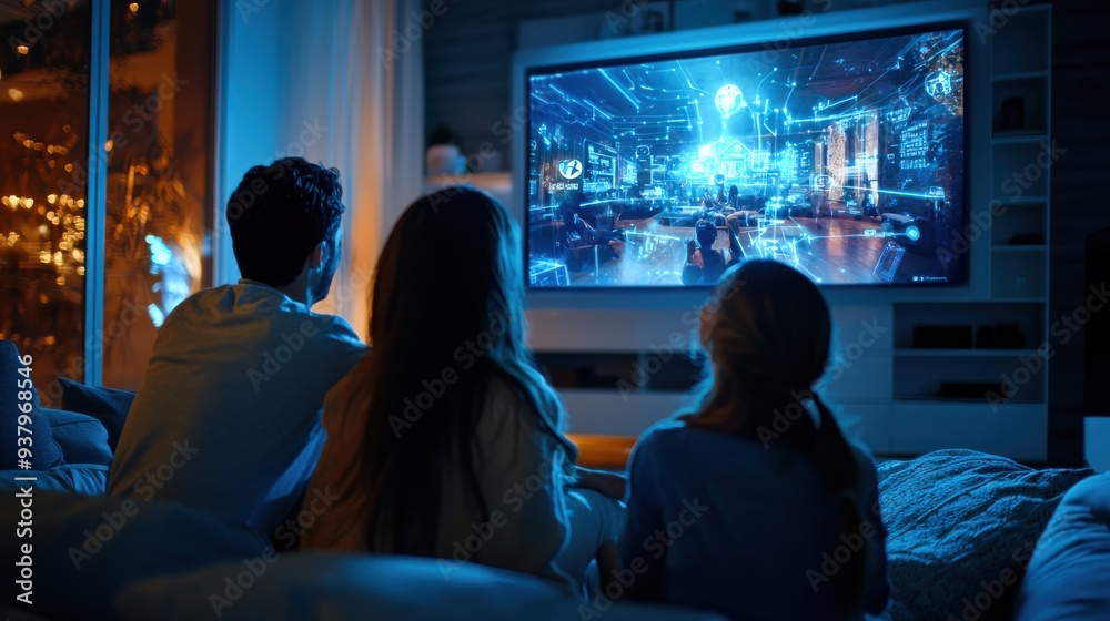 Fototapeta premium A family enjoys an AI-powered holographic home theater system in a modern living room, with immersive 3D visuals and sound enhancing the experience.