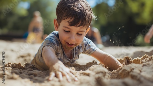A young boy plays in the sand, covered in sand with a big smile.