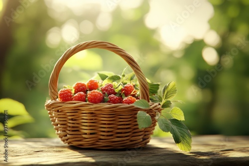 a basket of cherries on a wooden table photo