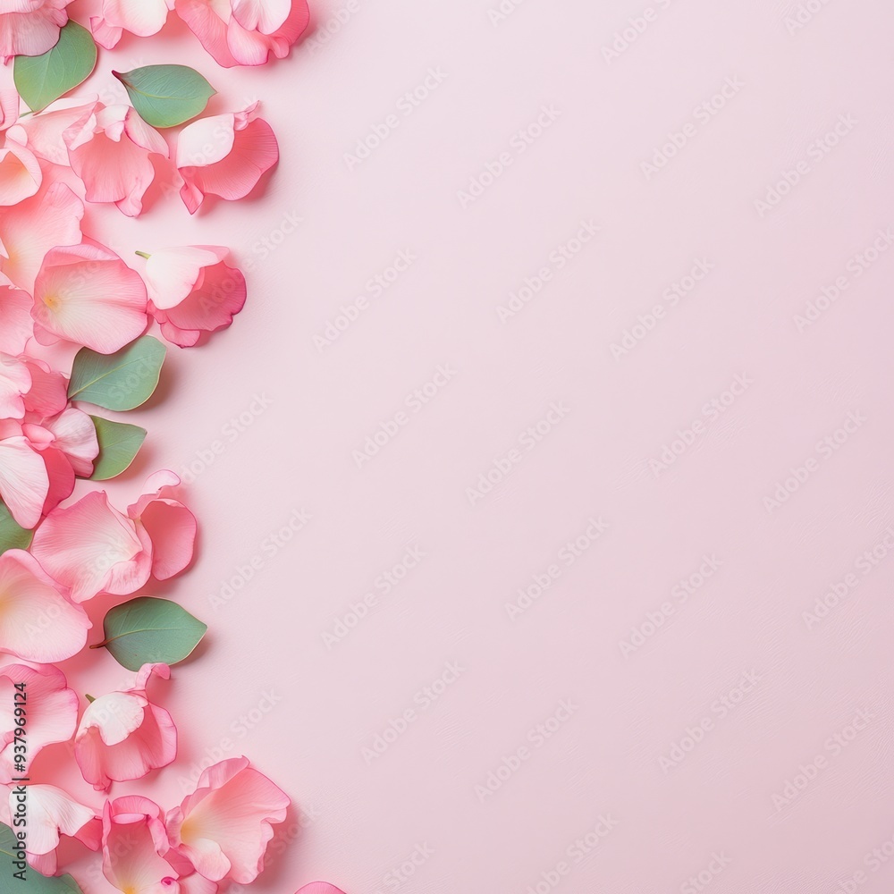 Fototapeta premium Pink Rose Petals Border on Light Pink Background