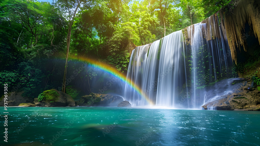 Fototapeta premium Rainbow Over a Waterfall in a Lush Forest