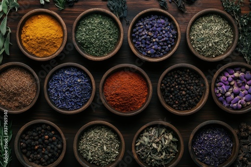 spices and herbs in bowls