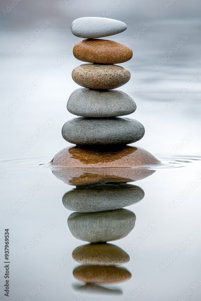 a stack of stones is reflected in the water a stack of stones is reflected in the water