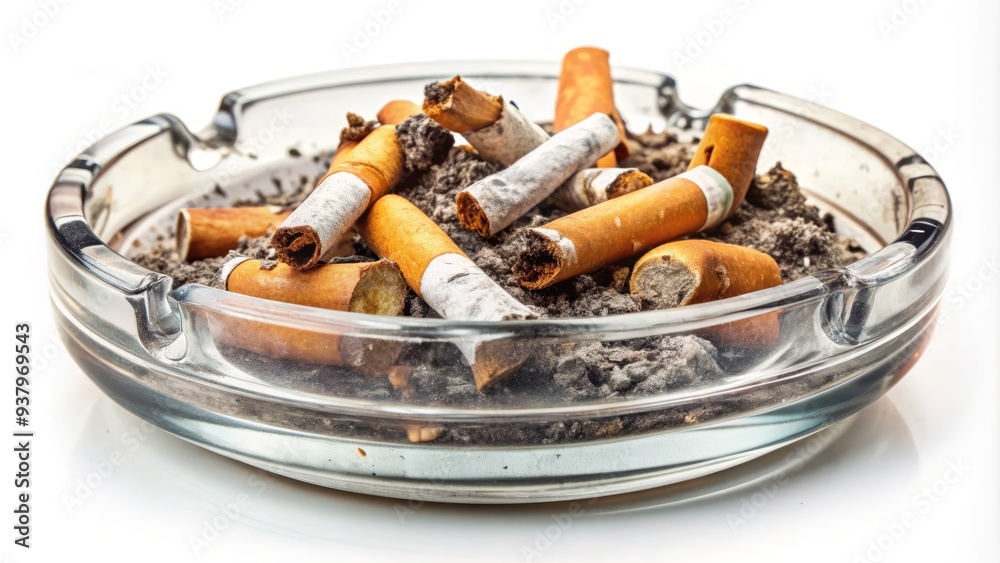 Isolated on a pure white background, a worn cigarette ashtray filled with remnants of extinguished cigarettes, smoke wisps, and burnt filter butts, conveying addiction and habit. Isolated on a pure white background, a worn cigarette ashtray filled with remnants of extinguished cigarettes, smoke wisps, and burnt filter butts, conveying addiction and habit.