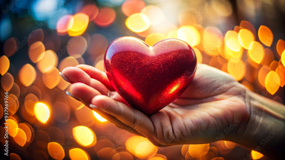 Red Heart In Hand Against Bokeh Lights. Love And Romance. Red Heart In Hand Against Bokeh Lights. Love And Romance.