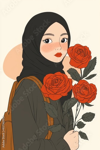 a cartoon illustration of a woman with a hijab and red roses