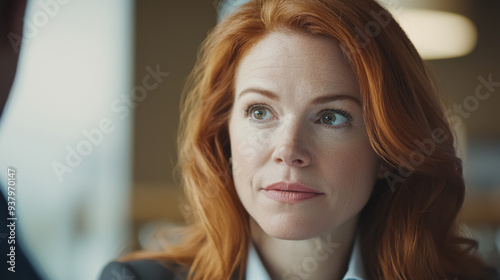 A candid photo of a Caucasian woman in her mid-30s with red hair, focused and confident, possibly engaged in a political or business discussion, reflecting leadership and determination.