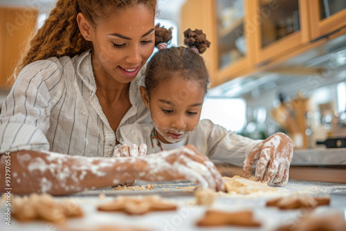 Christmas baking. Family Mom and daughter together in the kitchen making gingerbread cookies. On the table there is a lot of flour, dough and molds for gingerbread cookies. Christmas sweets. photo