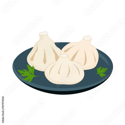 Khinkali or traditional georgian dumplings on plate. Caucasian national meal. Vector illustration on white background