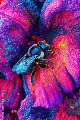 a bee is sitting on a flower with a purple background photo