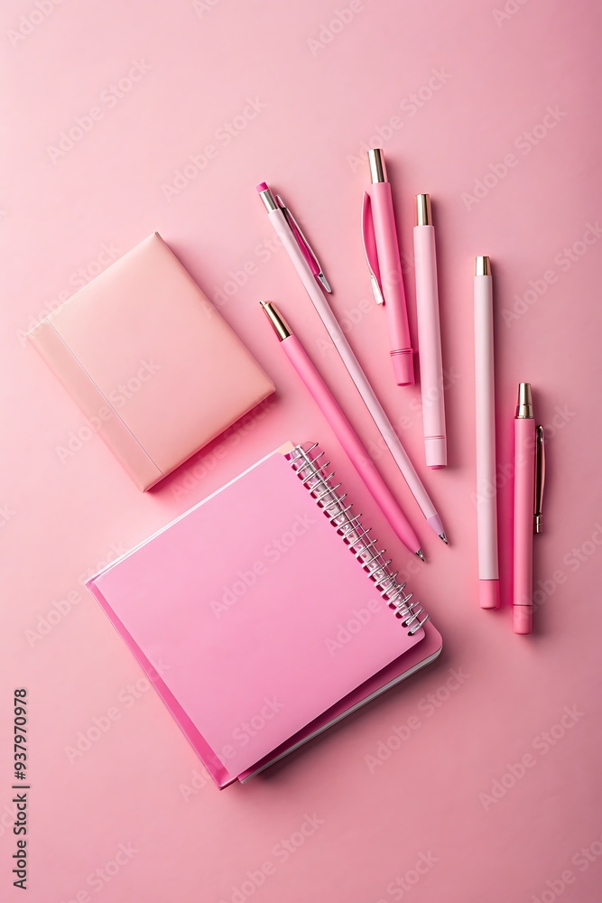 Collection of Pink Notebooks and Pens on Studio Background with Space for Text Overlay Collection of Pink Notebooks and Pens on Studio Background with Space for Text Overlay