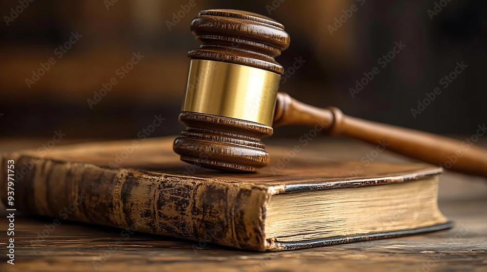 A wooden gavel resting on a thick, aged law book. A wooden gavel resting on a thick, aged law book.