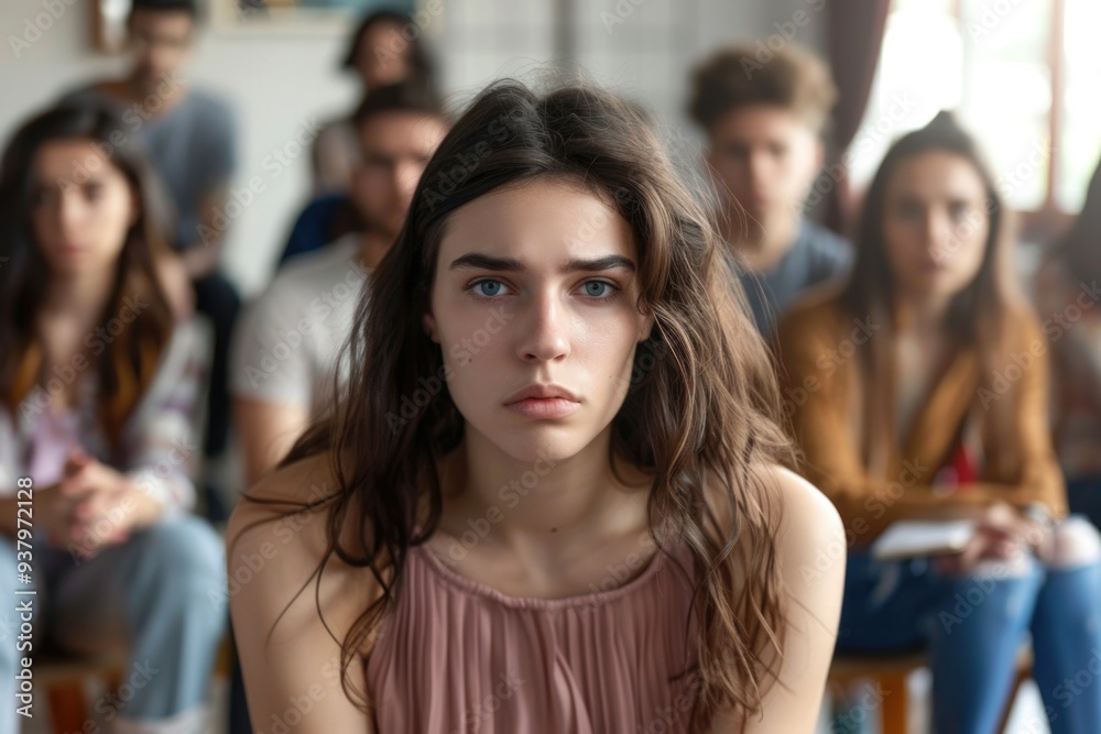 Fototapeta premium A woman sitting among others, possibly leading a meeting or discussion