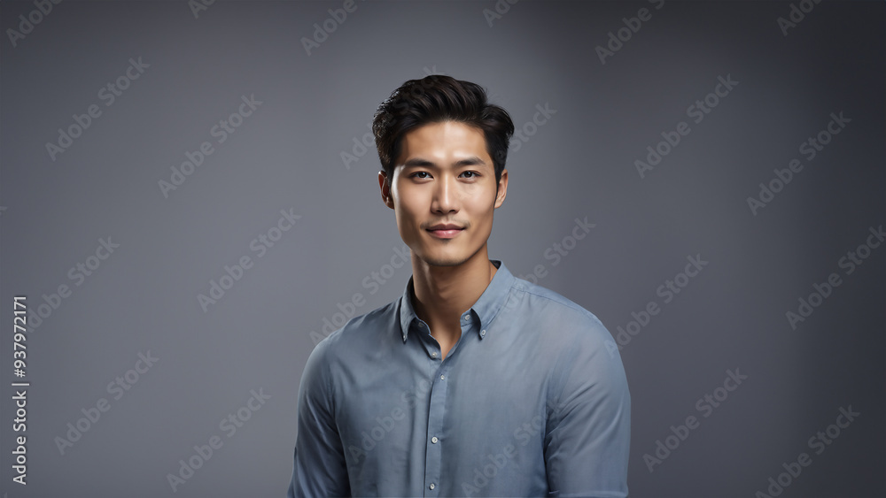 Charming portrait of a young Korean man with a warm smile and natural beauty. Brunette hair and flawless skin complement his captivating gaze. Studio shot with copy space, ideal for beauty and fashion Charming portrait of a young Korean man with a warm smile and natural beauty. Brunette hair and flawless skin complement his captivating gaze. Studio shot with copy space, ideal for beauty and fashion