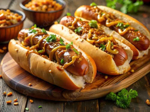 Juicy hot dogs smothered in a generous helping of crunchy caramelized onions, nestled in soft buns, and garnished with a sprinkle of sesame seeds.