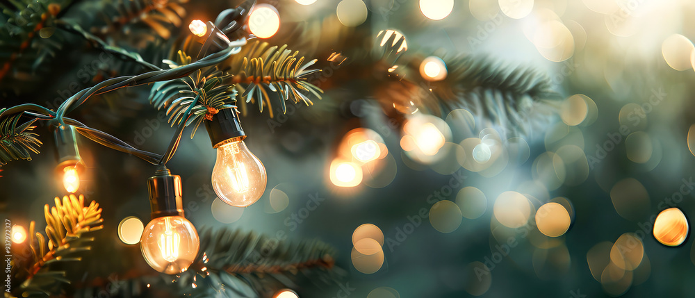 Close up of glowing lamp bulb, lights, garland with green fir branches.Christmas and New Year minimal mockup . Winter holidays celebration background. Copy space. Generative ai Close up of glowing lamp bulb, lights, garland with green fir branches.Christmas and New Year minimal mockup . Winter holidays celebration background. Copy space. Generative ai