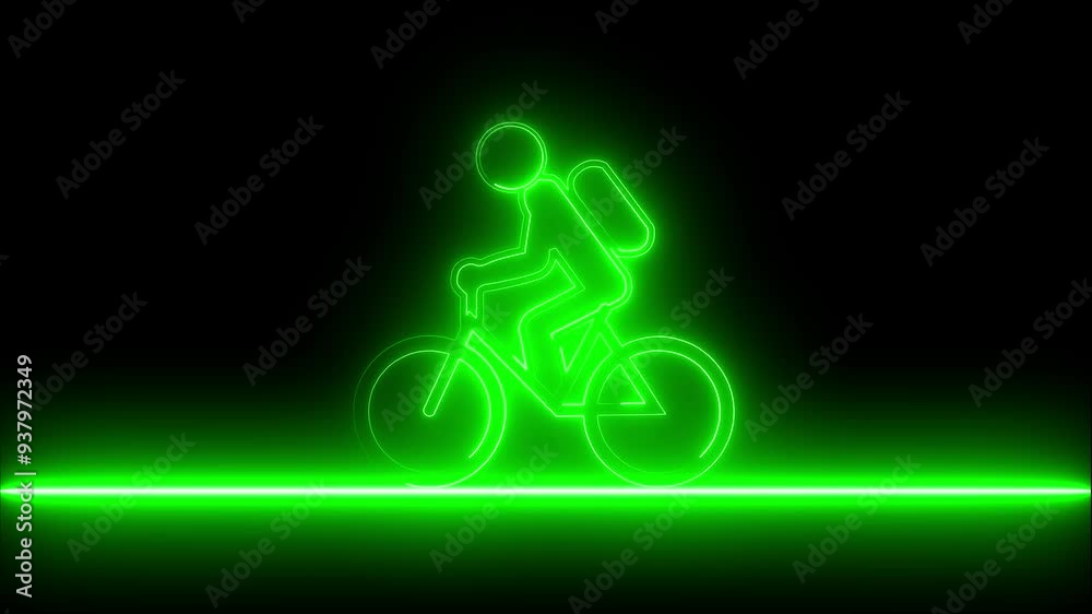 Neon glowing green bicycle icon animation in black background. Neon glowing green bicycle icon animation in black background.
