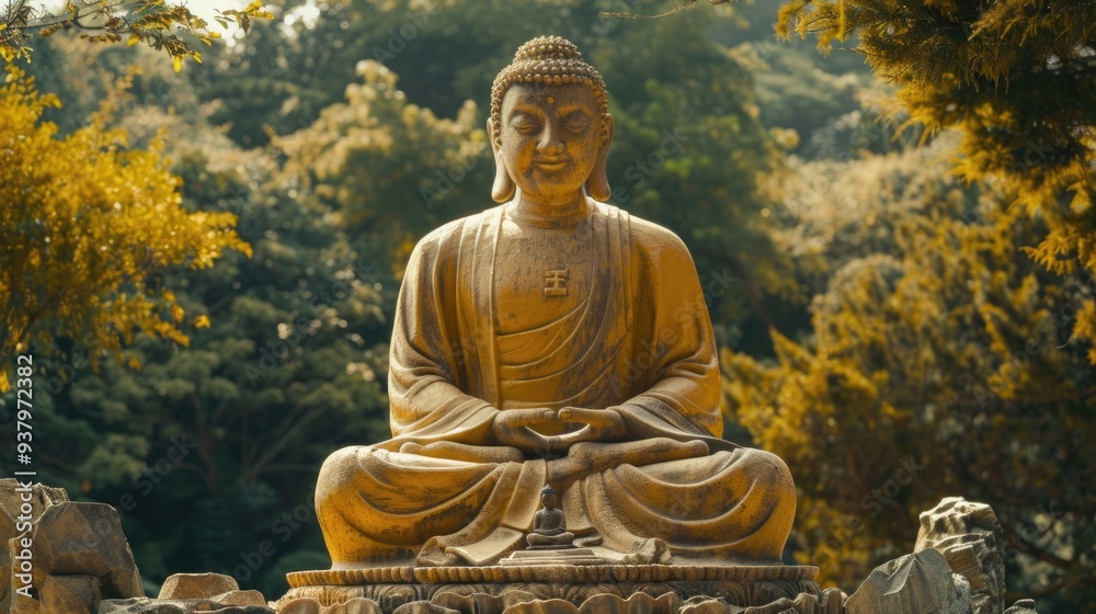 A person sitting on a rock with a peaceful landscape in the background A person sitting on a rock with a peaceful landscape in the background