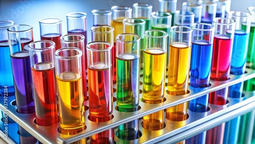  Laboratory test tubes arranged on a tray, containing various colored liquids and labels, showcasing a comprehensive lipid panel for medical diagnostic analysis purposes. photo