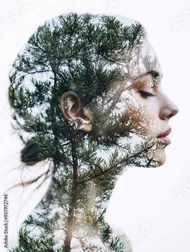 Portrait of a woman made from transparent pine trees and flowers, double exposure abstract art