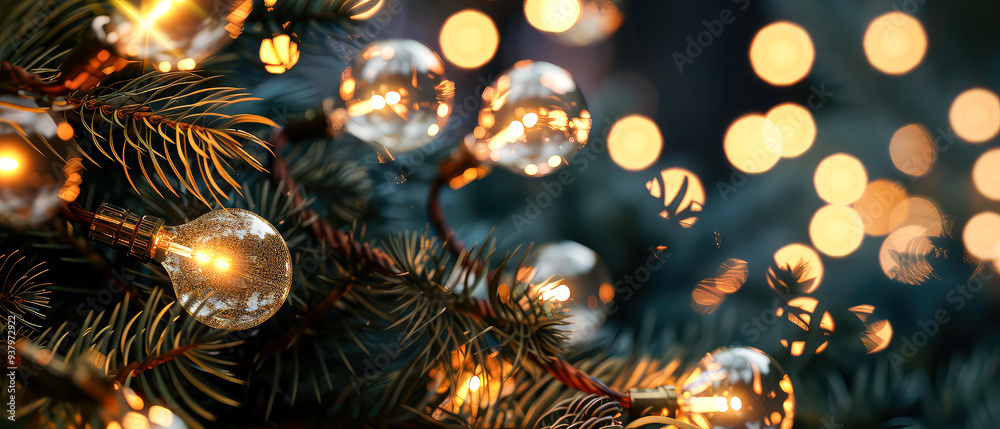 Close up of glowing lamp bulb, lights, garland with green fir branches.Christmas and New Year minimal mockup . Winter holidays celebration background. Copy space. Generative ai Close up of glowing lamp bulb, lights, garland with green fir branches.Christmas and New Year minimal mockup . Winter holidays celebration background. Copy space. Generative ai