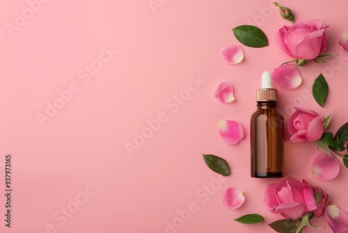 A brown glass bottle with a dropper sits among delicate rose petals and green leaves on a pink surface, creating a spa-like atmosphere.