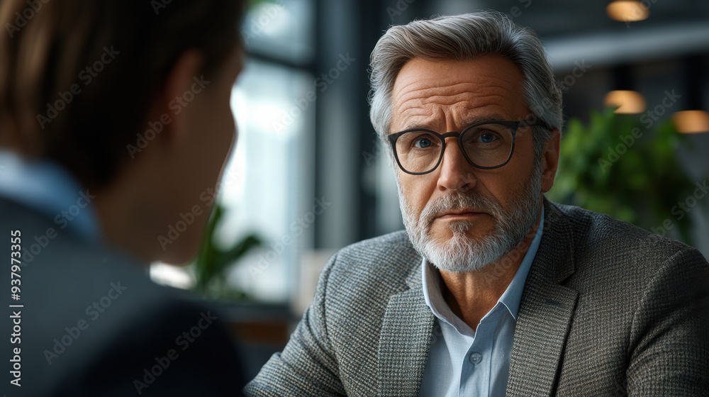 A senior businessman engaged in a serious discussion, showcasing intense emotions and professional attire in an office setting. A senior businessman engaged in a serious discussion, showcasing intense emotions and professional attire in an office setting.
