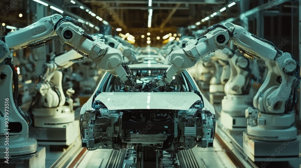 A robotic assembly line in a car manufacturing plant, with multiple robotic arms working in unison