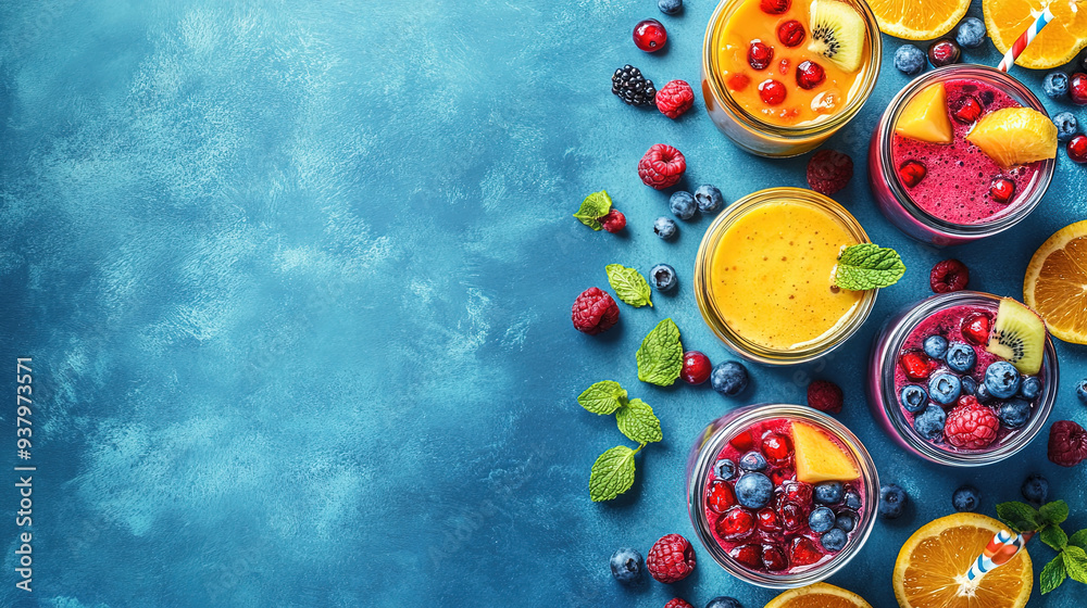 Fototapeta premium Healthy drink concept. Colorful fruit smoothies and fresh fruits on a dark background. Blueberries, strawberries, oranges, blackberries, kiwi, and other berries. Fresh juices or smoothies. Copy space 