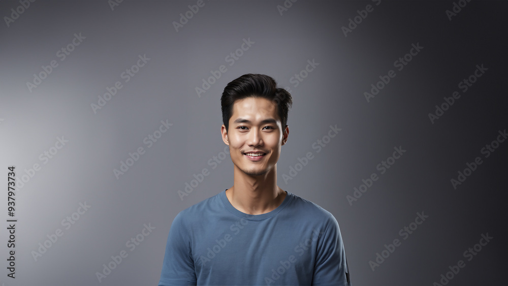 Obraz premium Charming portrait of a young Korean man with a warm smile and natural beauty. Brunette hair and flawless skin complement his captivating gaze. Studio shot with copy space, ideal for beauty and fashion